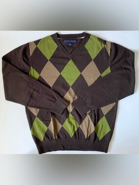 Tommy Hilfiger Men's Brown V-Neck Argyle Sweater Size M